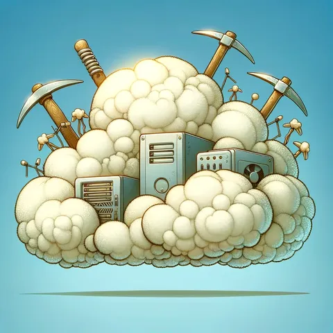 Bitcoin Mining Servers - A whimsical cloud illustration featuring a fluffy cloud with servers and pickaxes peeking out.