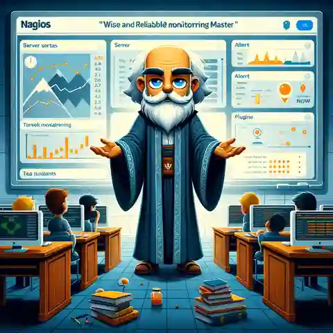 An illustration for 'Nagios The Wise and Reliable Monitoring Master', depicting Nagios as an experienced teacher in a classroom setting
