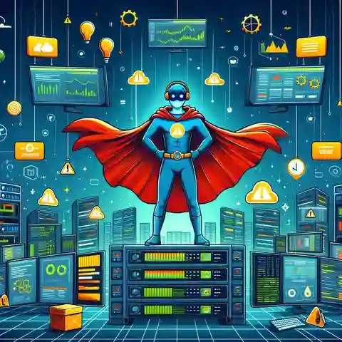 An illustration for 'Zabbix Your Server Monitoring Superhero', depicting Zabbix as a tech superhero in a digital world